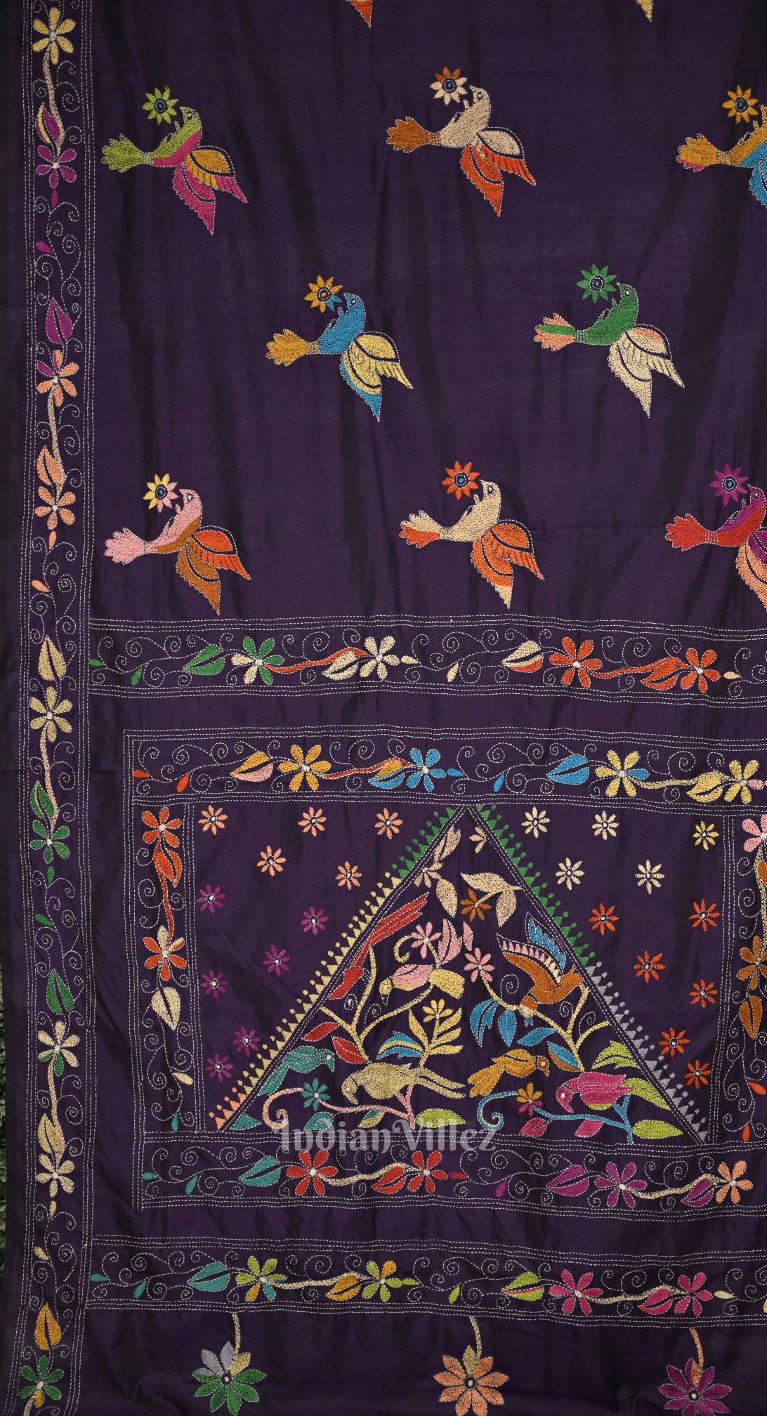 Dark Purple Handwoven Kantha Stitch Silk Saree 