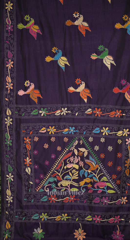 Dark Purple Handwoven Kantha Stitch Silk Saree 