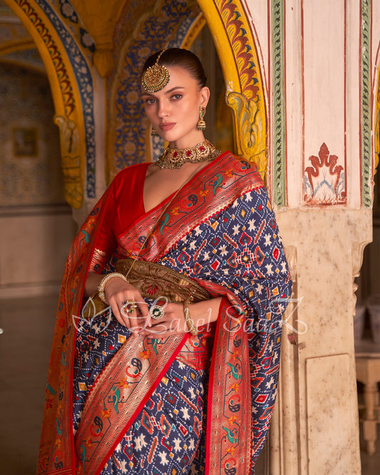 Pink Blue Patola inspired  Pochampally with Paithani Border and Pallu