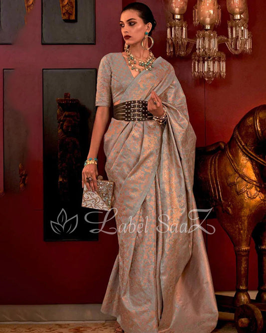 Grey Floral Zari Tissue Kanjivaram Silk Saree