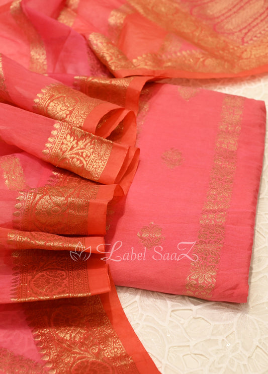 Peach Pink Banarasi Chanderi Silk Unstitched Salwar Suit