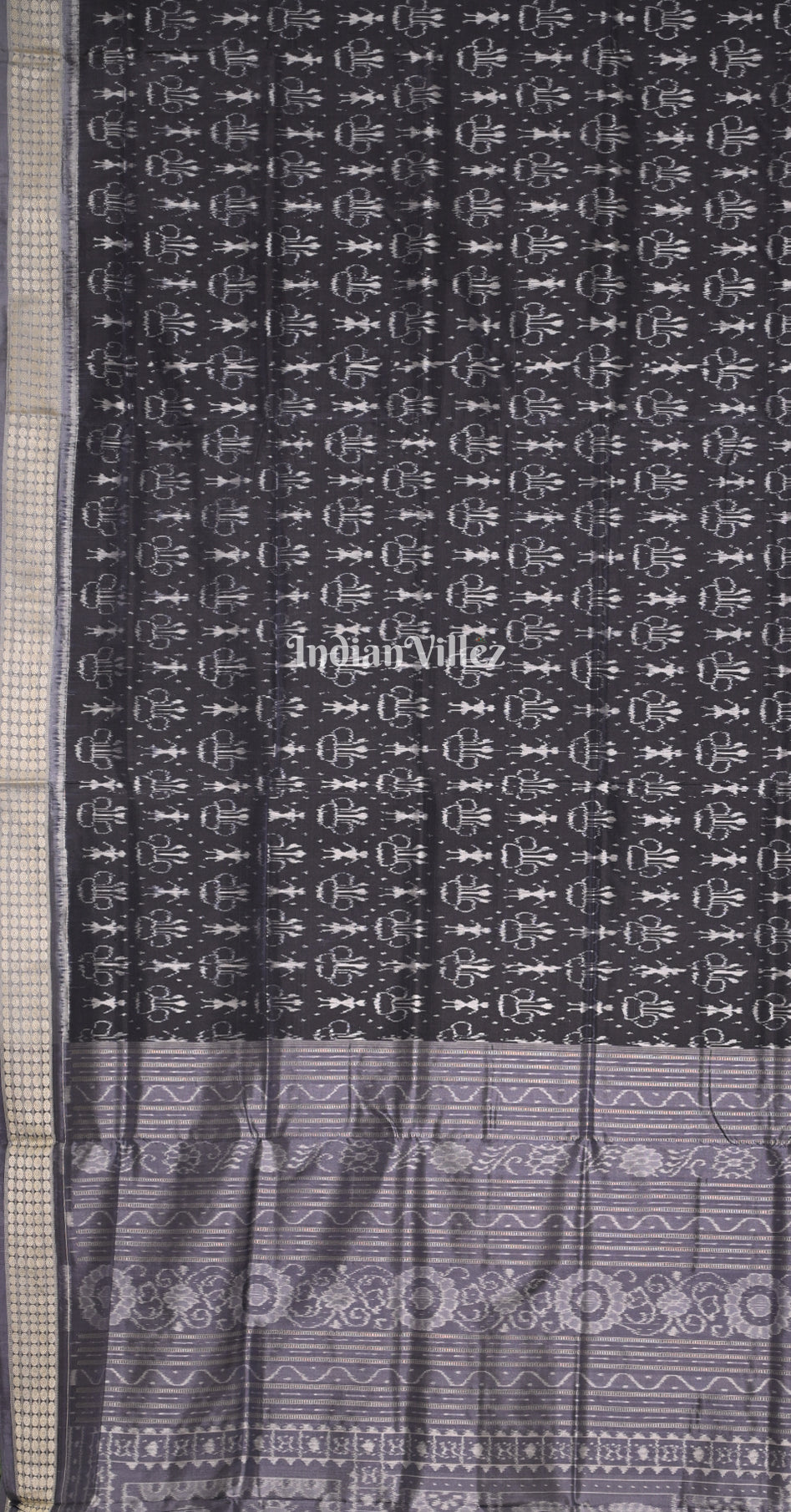 Black Grey Tribal Motif Odisha Ikat Sambalpuri Silk Saree 