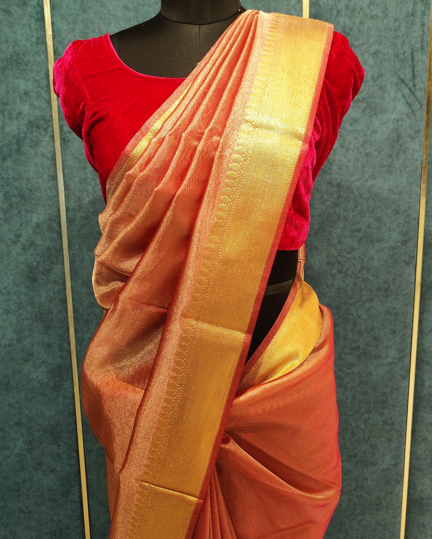 Reddish Orange Tissue Banarasi Saree
