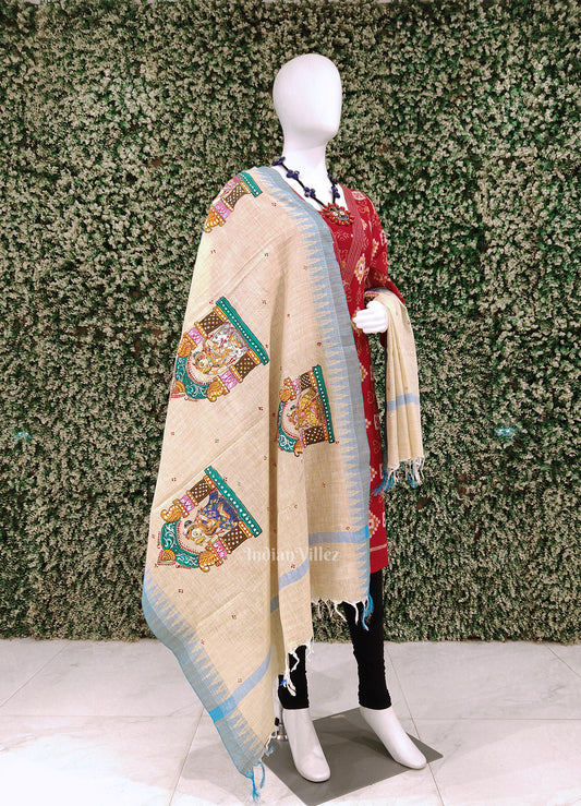 Cream Beige Dulhan Theme Hand-Painted Tussar Pattachitra Dupatta