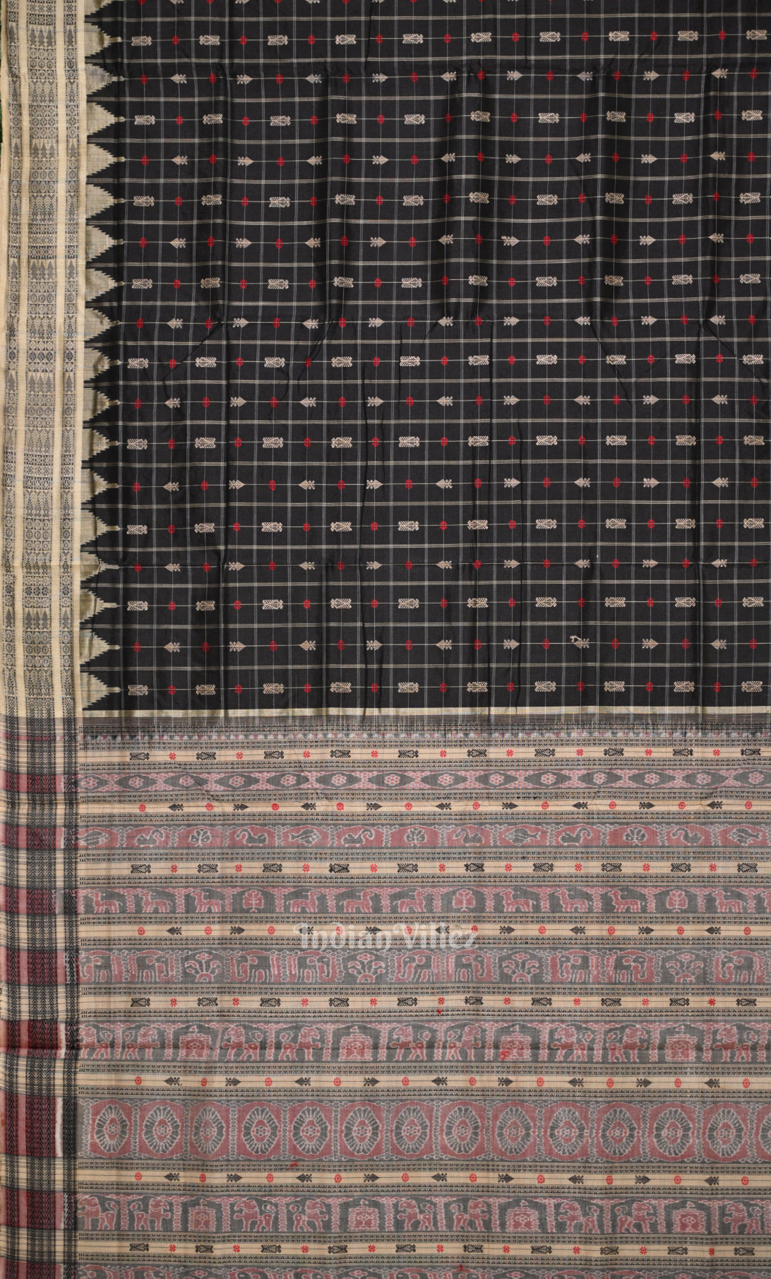 Black Hazar Buti Bomkai Tussar Silk Saree with Sarabandha Anchal 