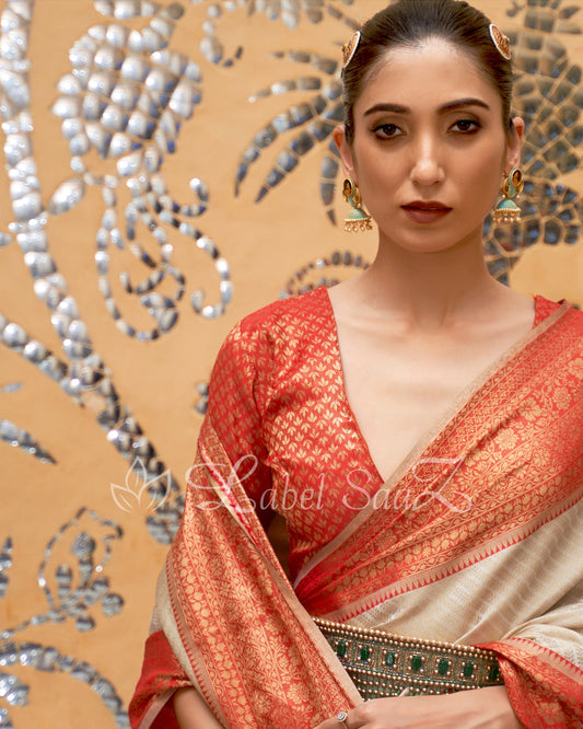 Off-White Red  Pure Tissue Kanjivaram Silk Saree