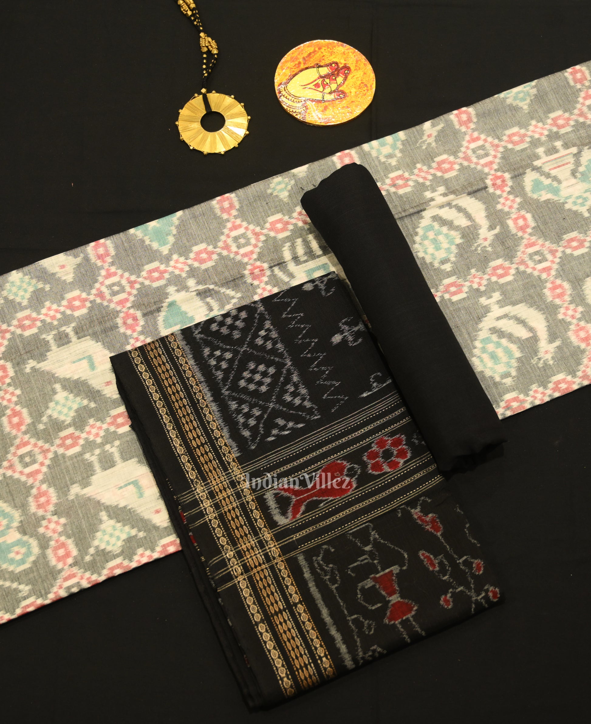 Cement Gray Black Odisha Ikat Sambalpuri Dress Set & Dupatta 