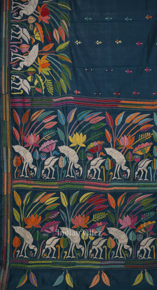 Indigo Blue Handwoven Kantha Stitch Silk Saree 