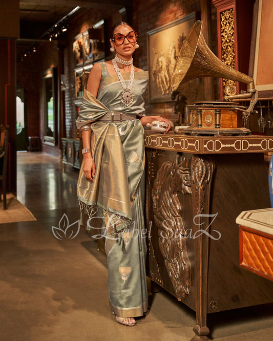 Classic Grey Zari Base Designer Lotus Handloom Saree