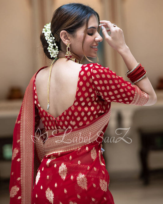 Red Handwoven Georgette Banarasi Saree