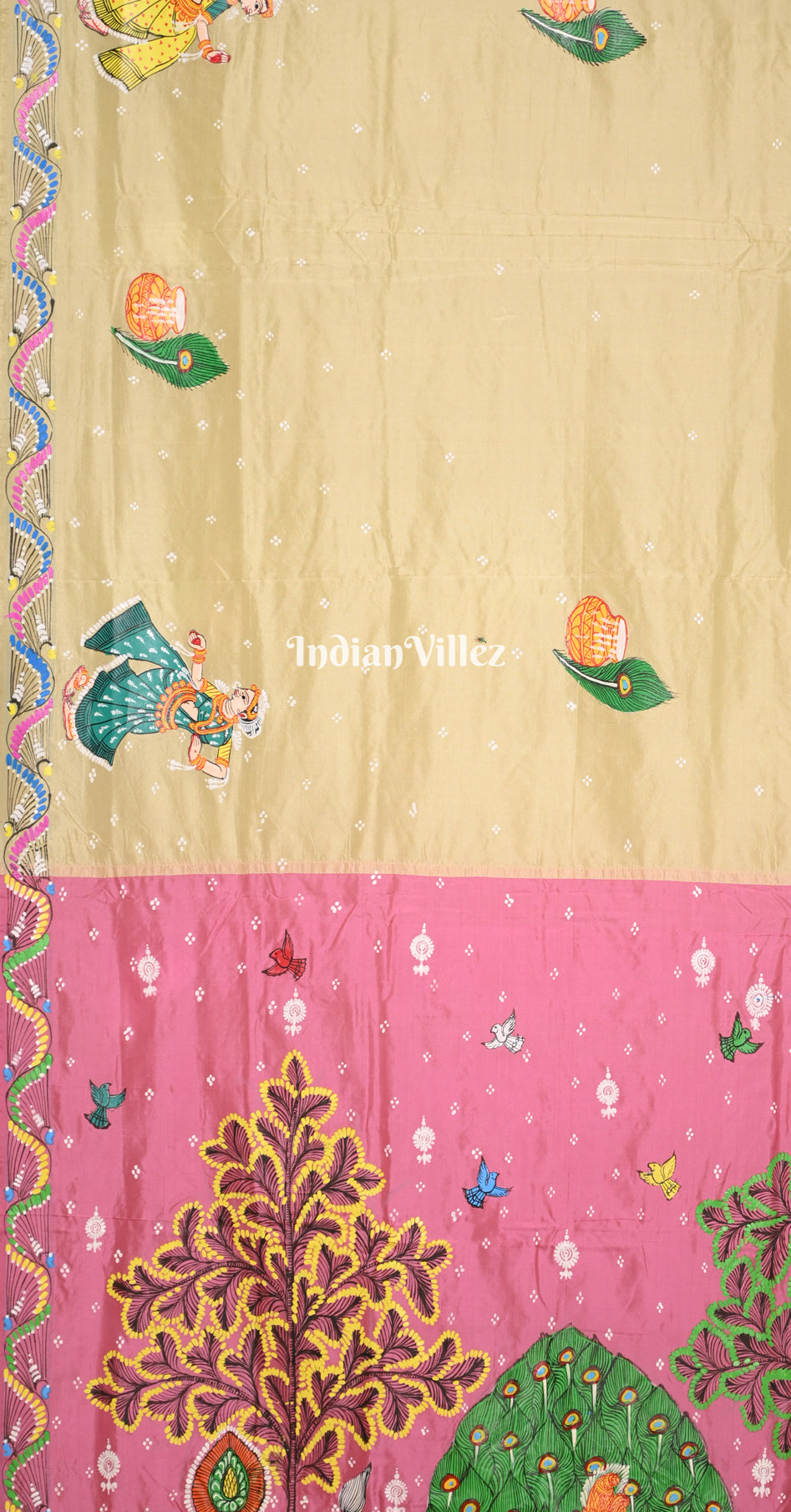 Pink Golden (Mayur) & Nartaki Theme Dual Tone Hand-Painted Pattachitra Saree 