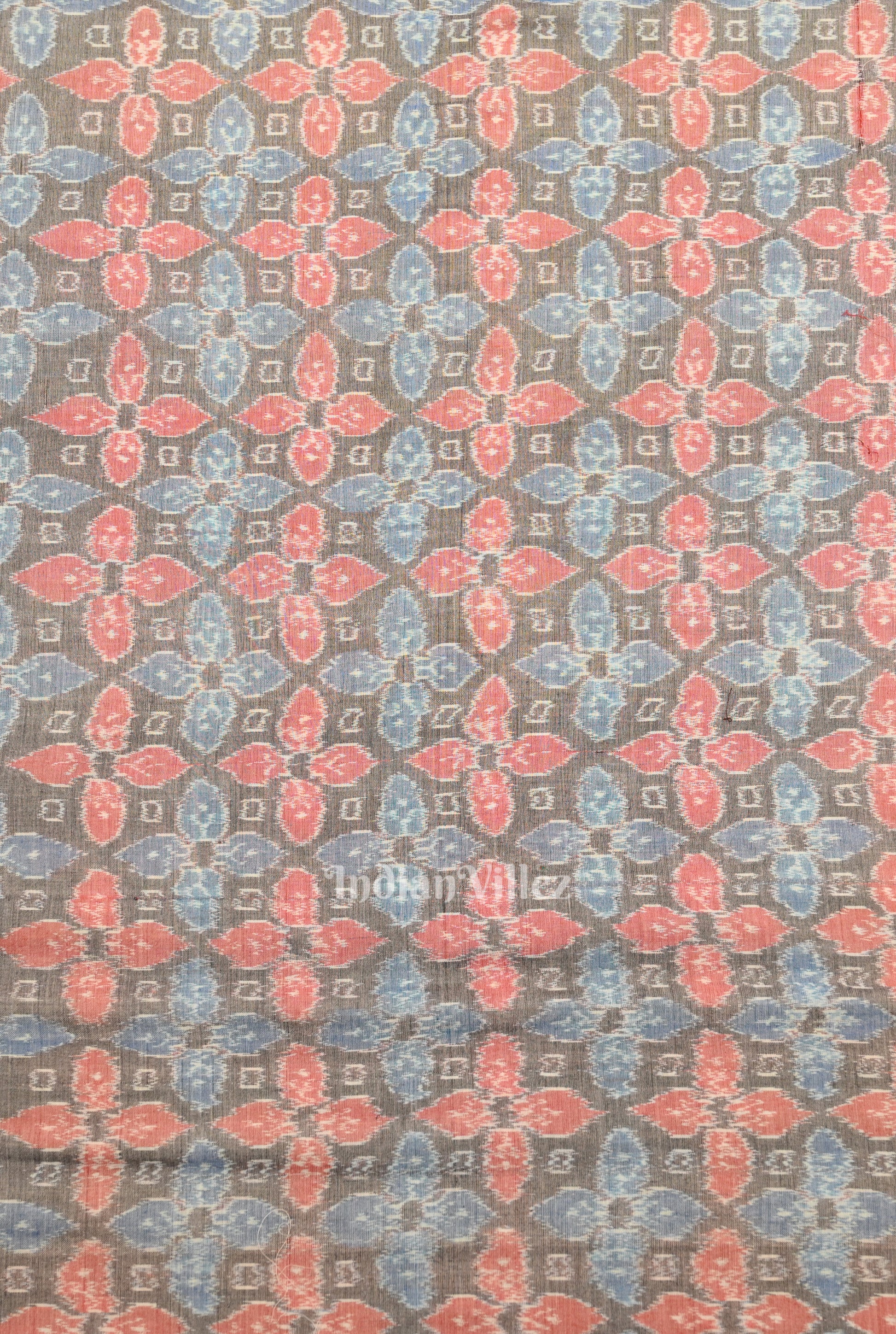 Cement Black Floral Motif Sambalpuri Ikat Cotton Fabric 