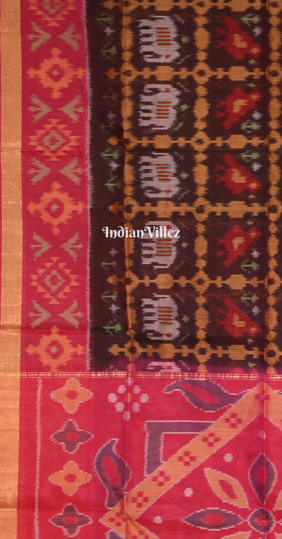 Chocolate Brown Rani Pink Pochampally Ikat Silk Cotton (Sico) Saree 