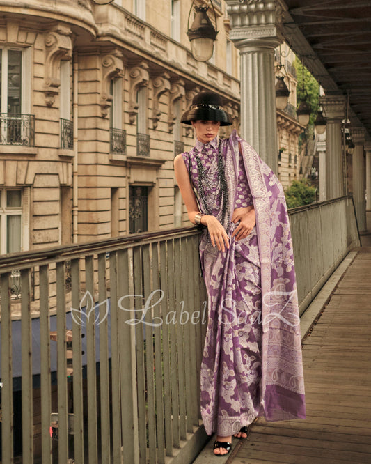 Elora Purple Handwoven Pure Organza Silk Chikankaro Saree