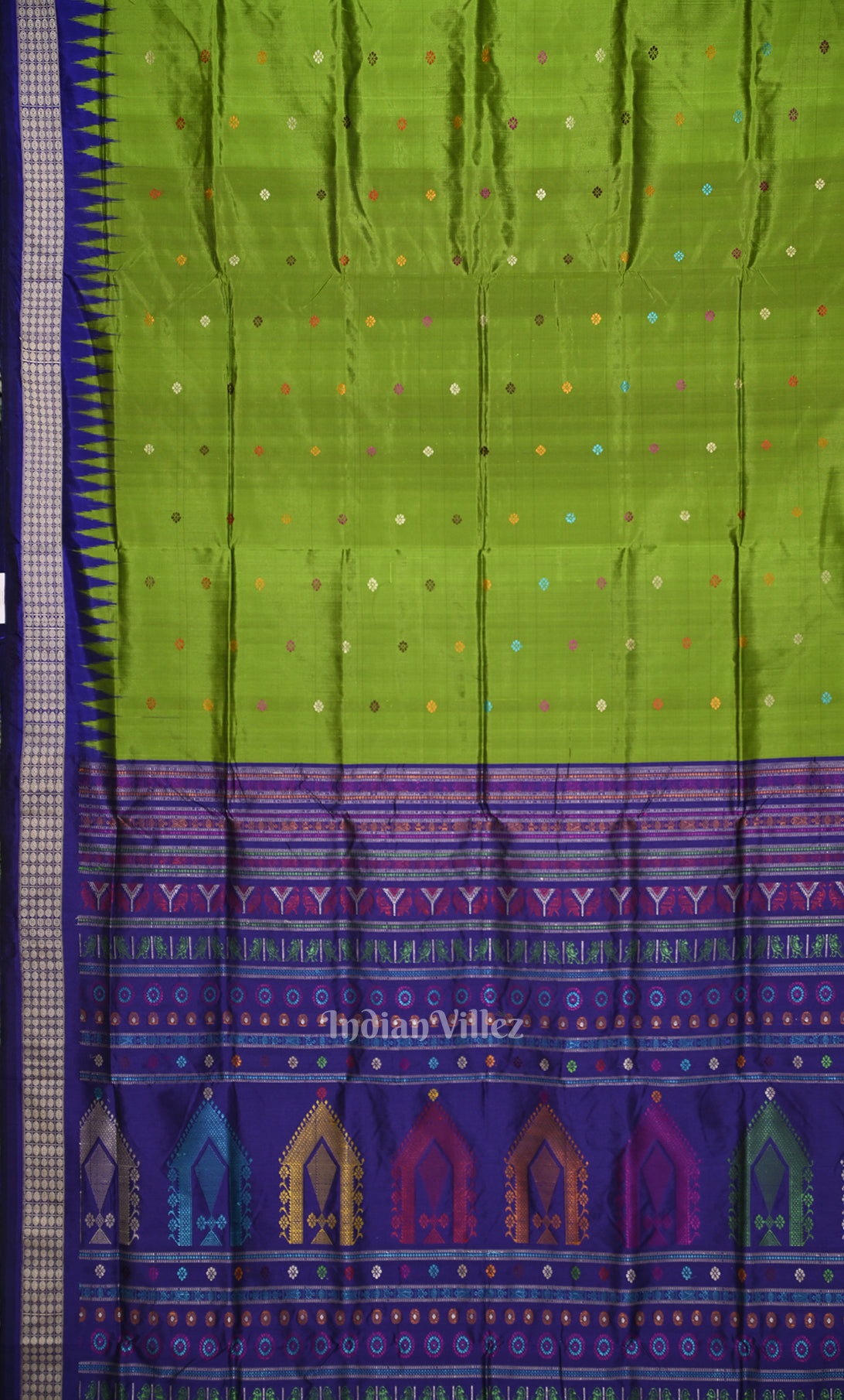 Parrot Green Blue Dolabedi Bomkai Sambalpuri Ikat Silk Saree 