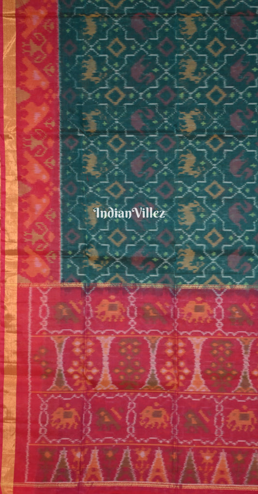 Teal Green Pink Pochampally Ikat Silk Cotton (Sico) Saree 