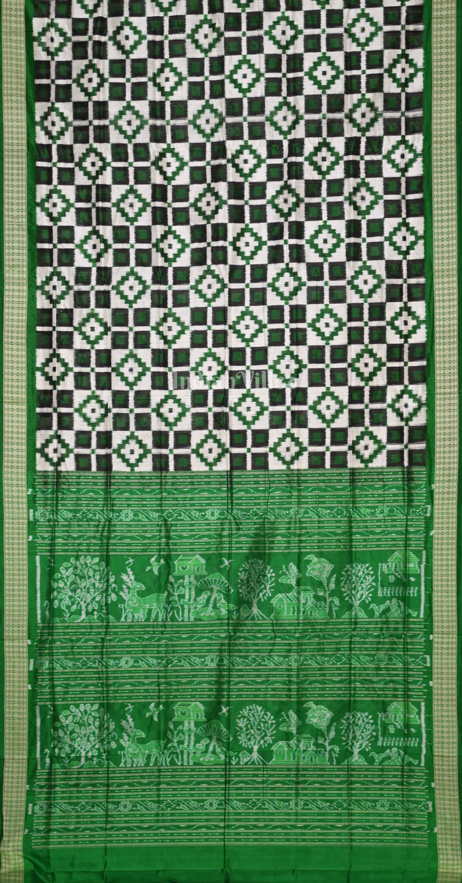 White Green Telia Rumal Odisha Ikat Sambalpuri Silk Saree 