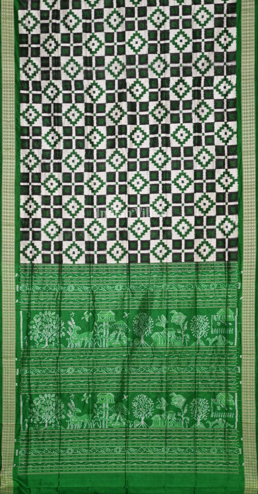 White Green Telia Rumal Odisha Ikat Sambalpuri Silk Saree 