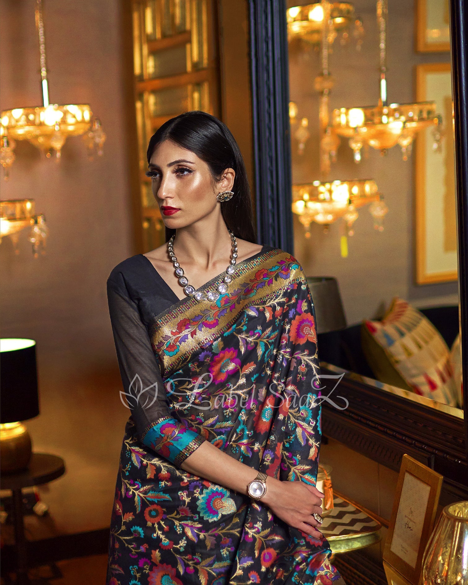 Black Golden Kashmiri Modal Handloom Weaving Banarasi Silk Saree