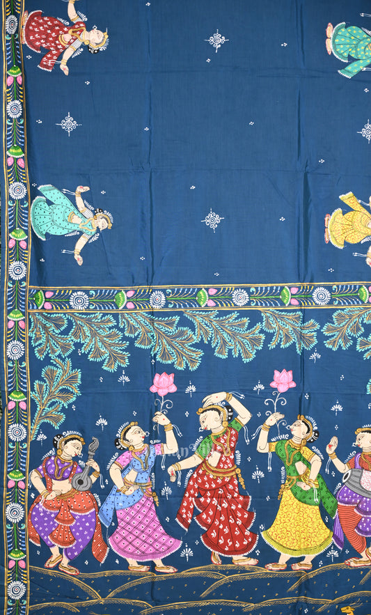 Blue Nartaki  Theme Hand-Painted Pattachitra Saree 