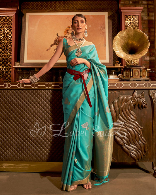 Saga Green Zari Base Designer Lotus Handloom Saree