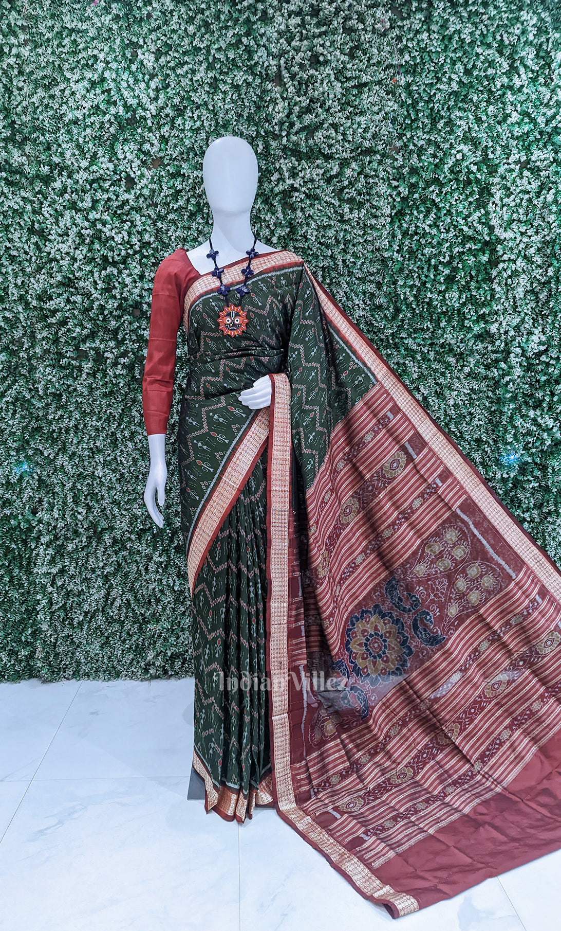 Olive Green Red Tribal Theme Odisha Ikat Sambalpuri Silk Saree