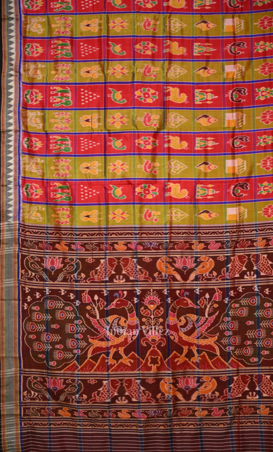 Moss Green Red Nabakothi Odisha Ikat Khandua Silk Saree