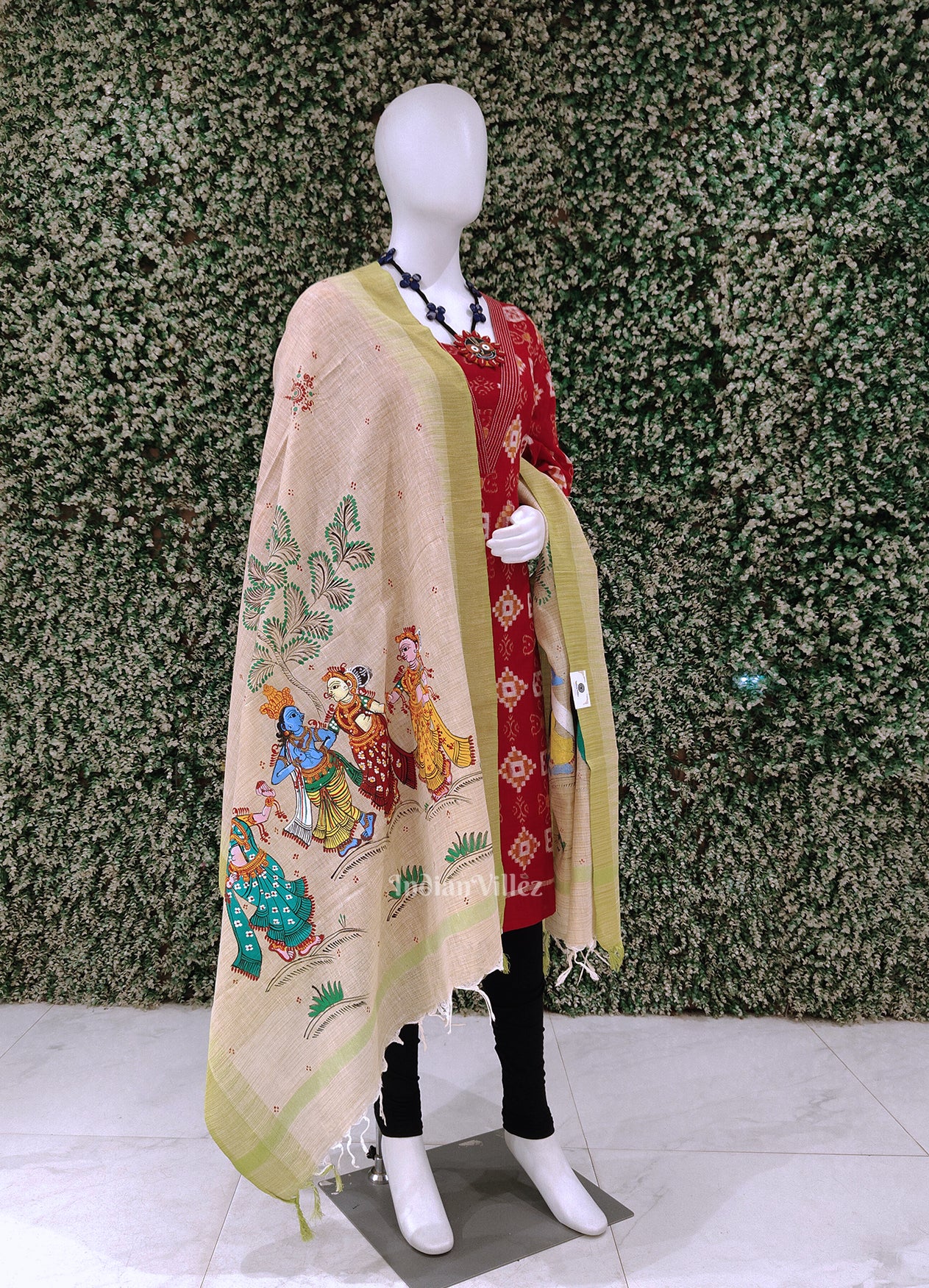 Cream Parrot Green Radha Krishna  Hand-Painted Tussar Pattachitra Dupatta