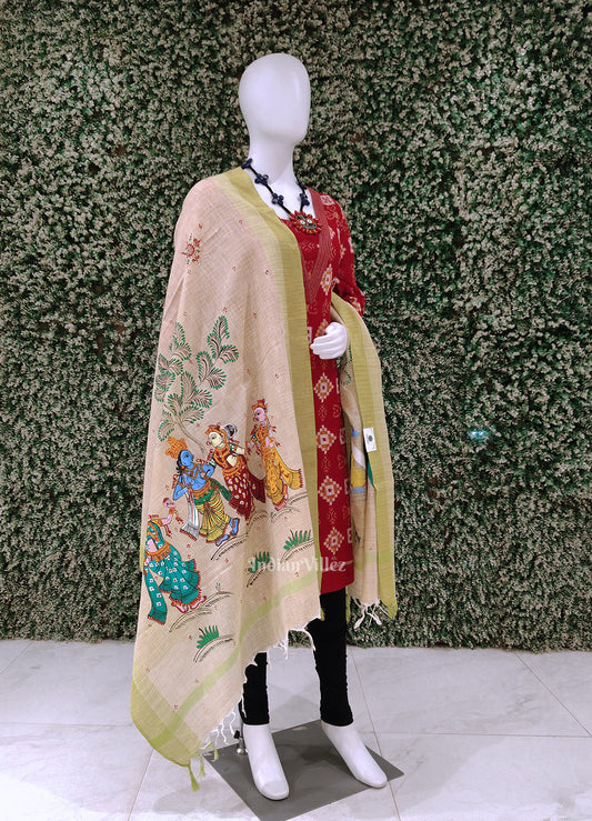 Cream Parrot Green Radha Krishna  Hand-Painted Tussar Pattachitra Dupatta
