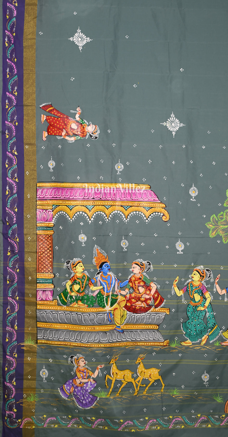 Grey Blue Krishna Rasa Leela Hand-Painted Pattachitra Saree