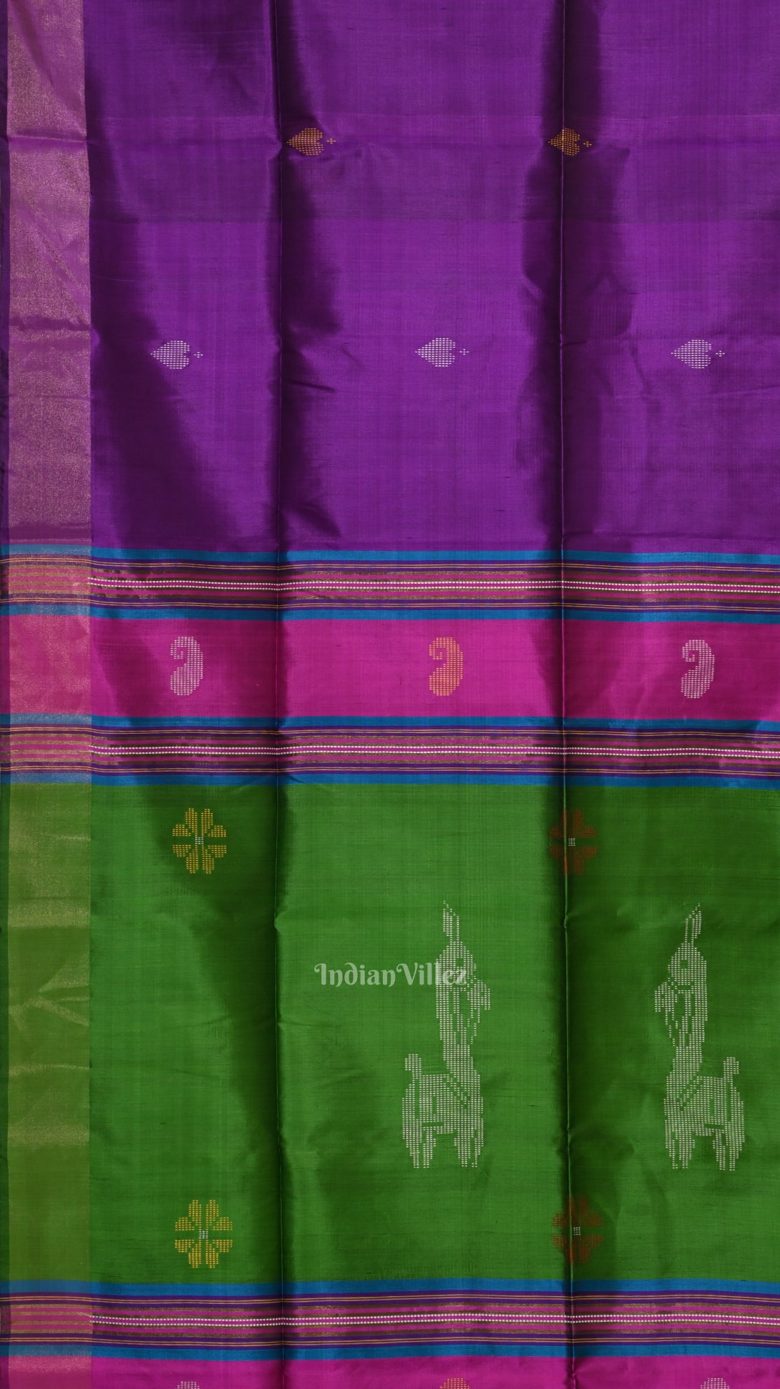 Purple Green with Multicolor Double Pallu Bishnupuri Silk Saree 