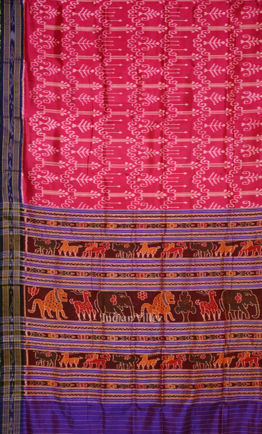 Pink Blue Tribal Theme Odisha Ikat Khandua Silk Saree