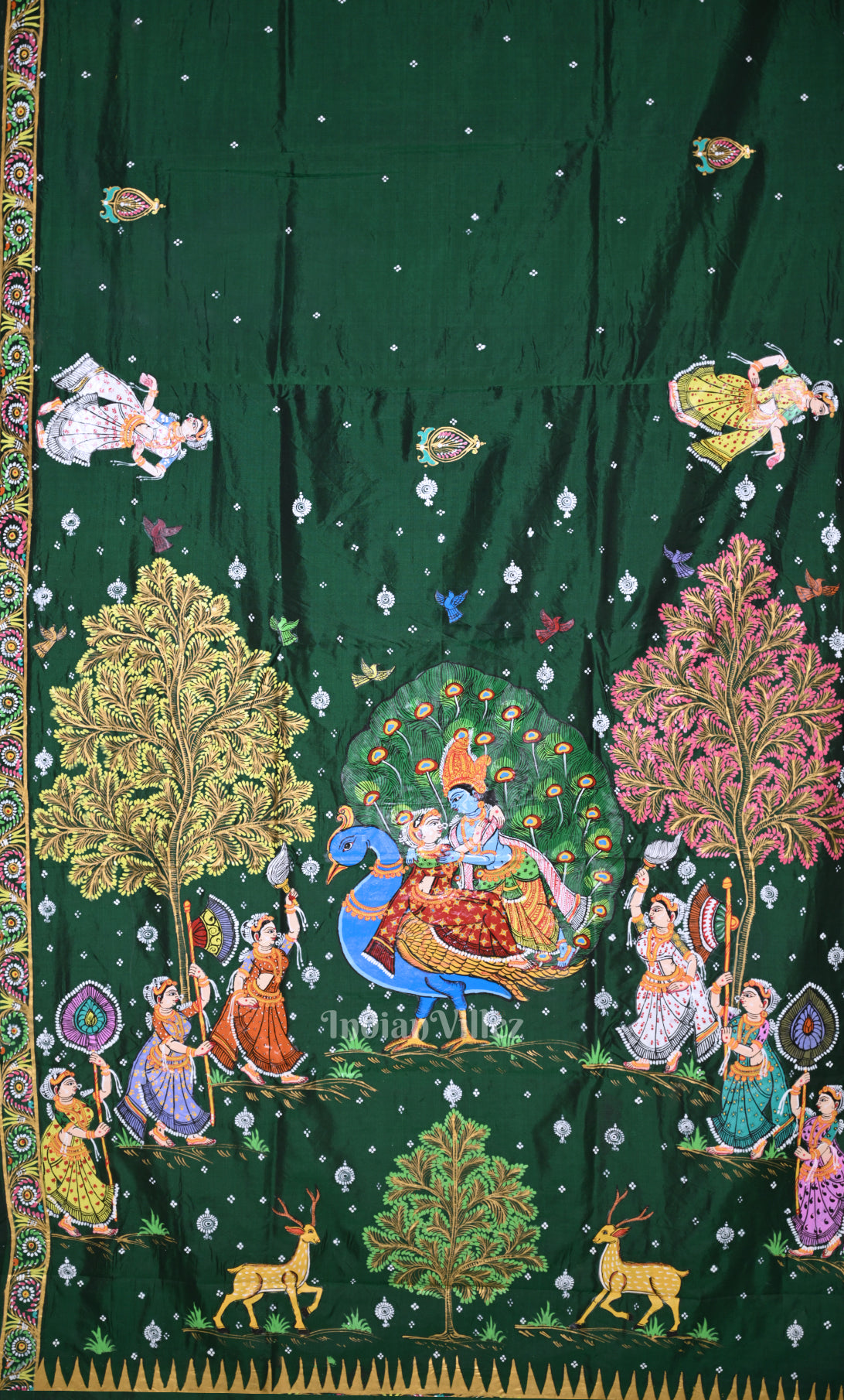 Green Blue Krishna Peacock Design Hand-Painted Pattachitra Saree