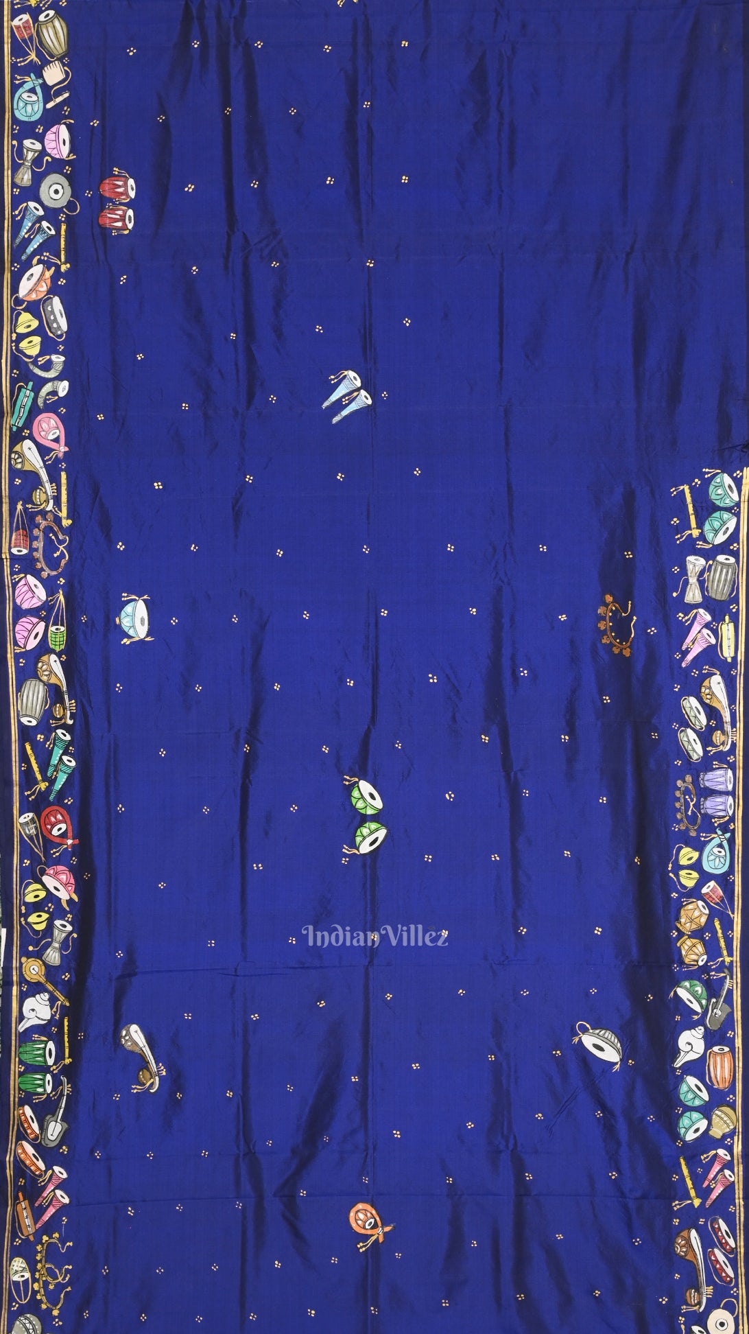 Blue Sitar Instrument Hand-Painted Pattachitra Saree 