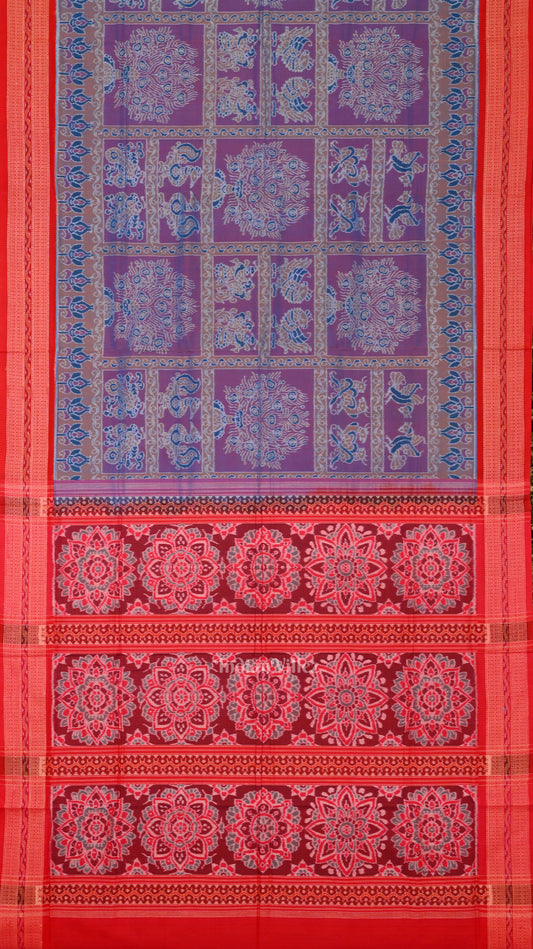Blue Red Jhoti Theme Sambalpuri  Silk * Cotton (Bapta) Saree 