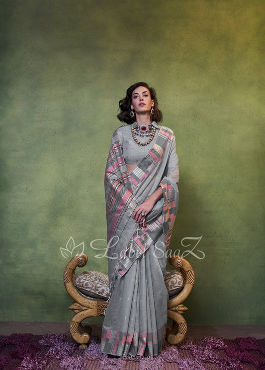 Grey Spun Handloom Weaving Silk Saree 