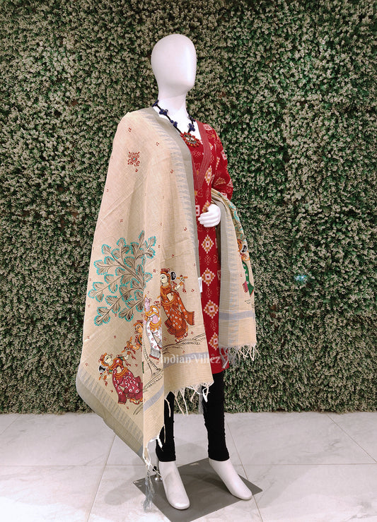 Cream Dandiya Hand-Painted Tussar Pattachitra Dupatta