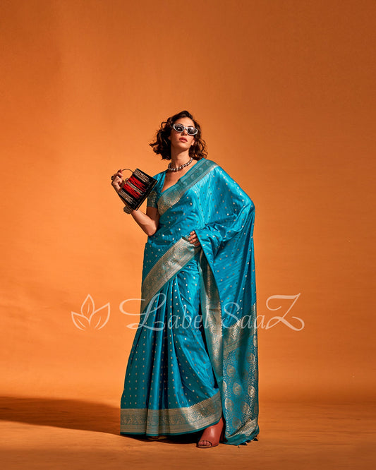 Rama Green Handwoven Zari Satin Silk Banarasi Saree