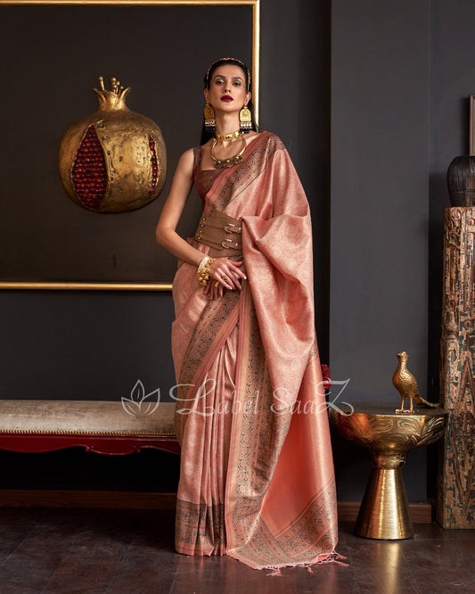 Peach Chaap Handloom Weaving Silk Saree