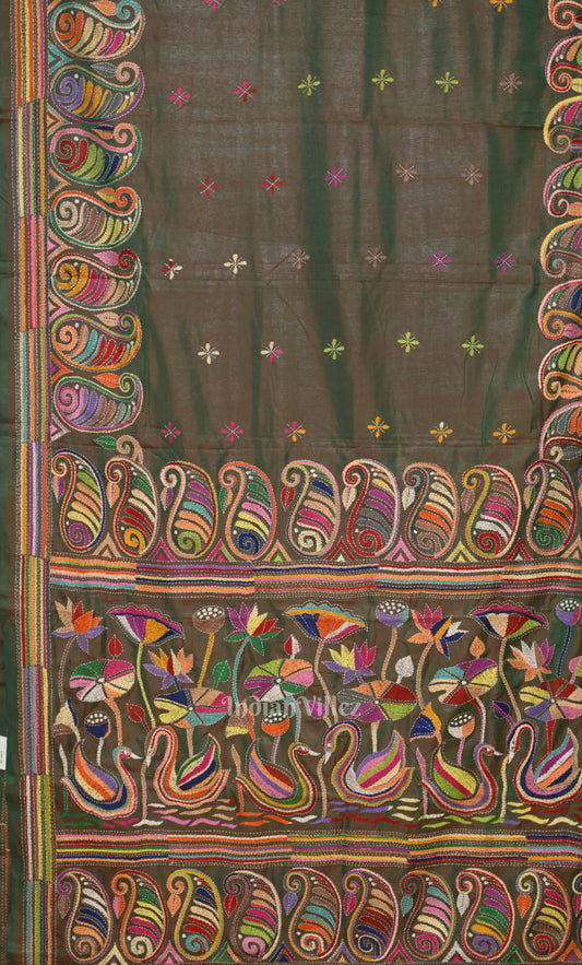 Olive Green Dual Tone Handwoven Kantha Stitch Silk Saree 