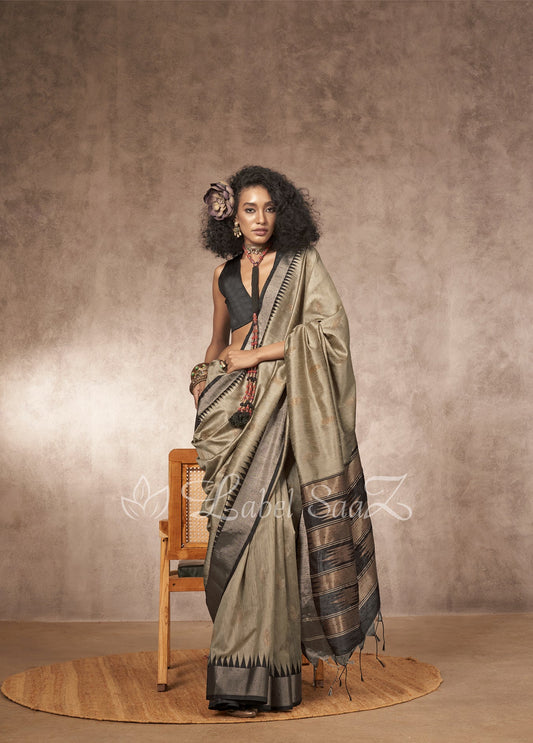 Grey Black Bhagalpuri Weaving Silk Saree 