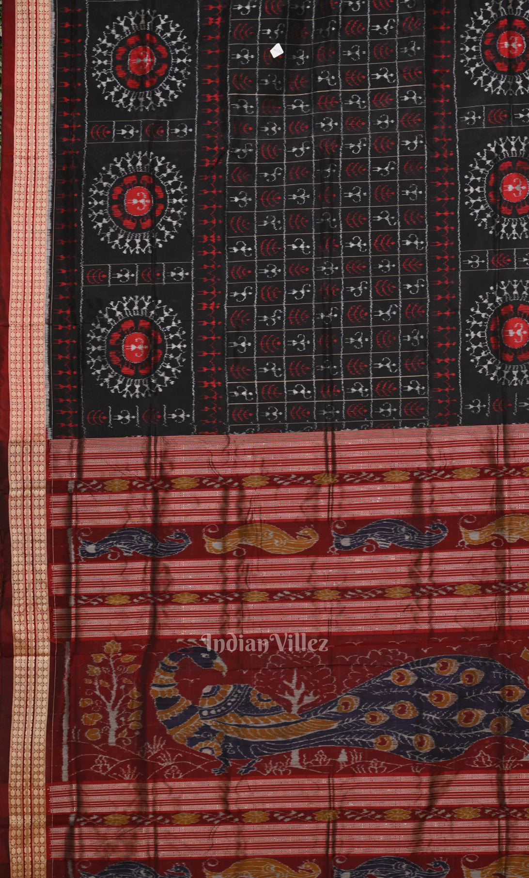 Black Maroon Tribal Jhoti Theme Odisha Ikat Sambalpuri Silk Saree 