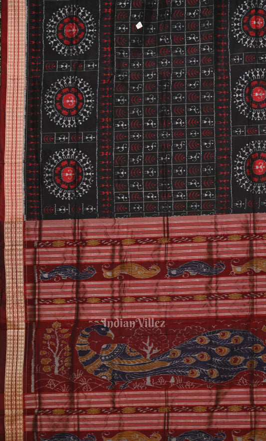 Black Maroon Tribal Jhoti Theme Odisha Ikat Sambalpuri Silk Saree 