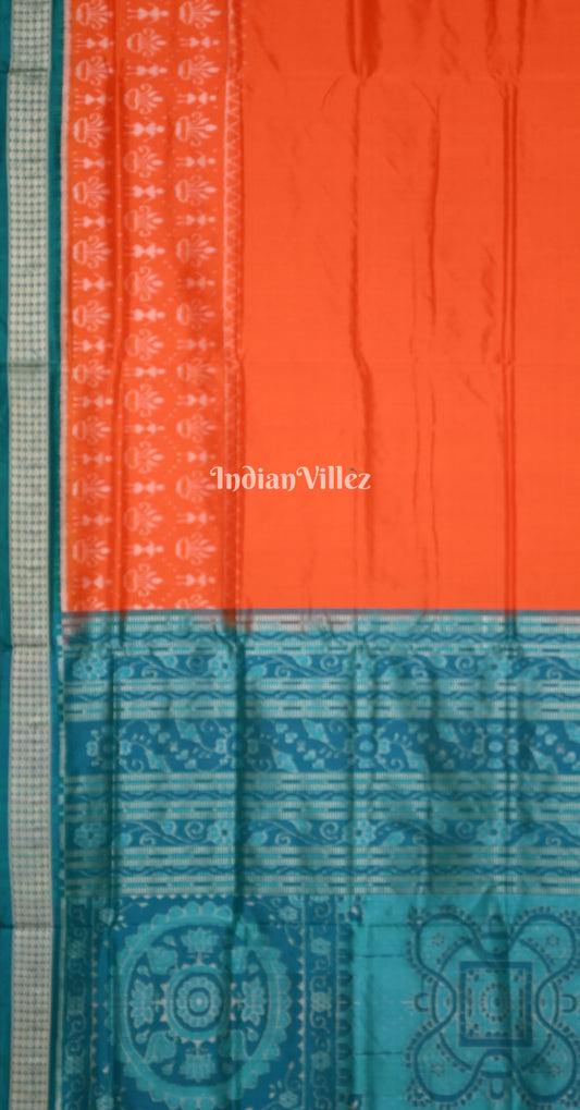 Orange Cyan Blue Tribal Scot Odisha Ikat Sambalpuri Silk Saree