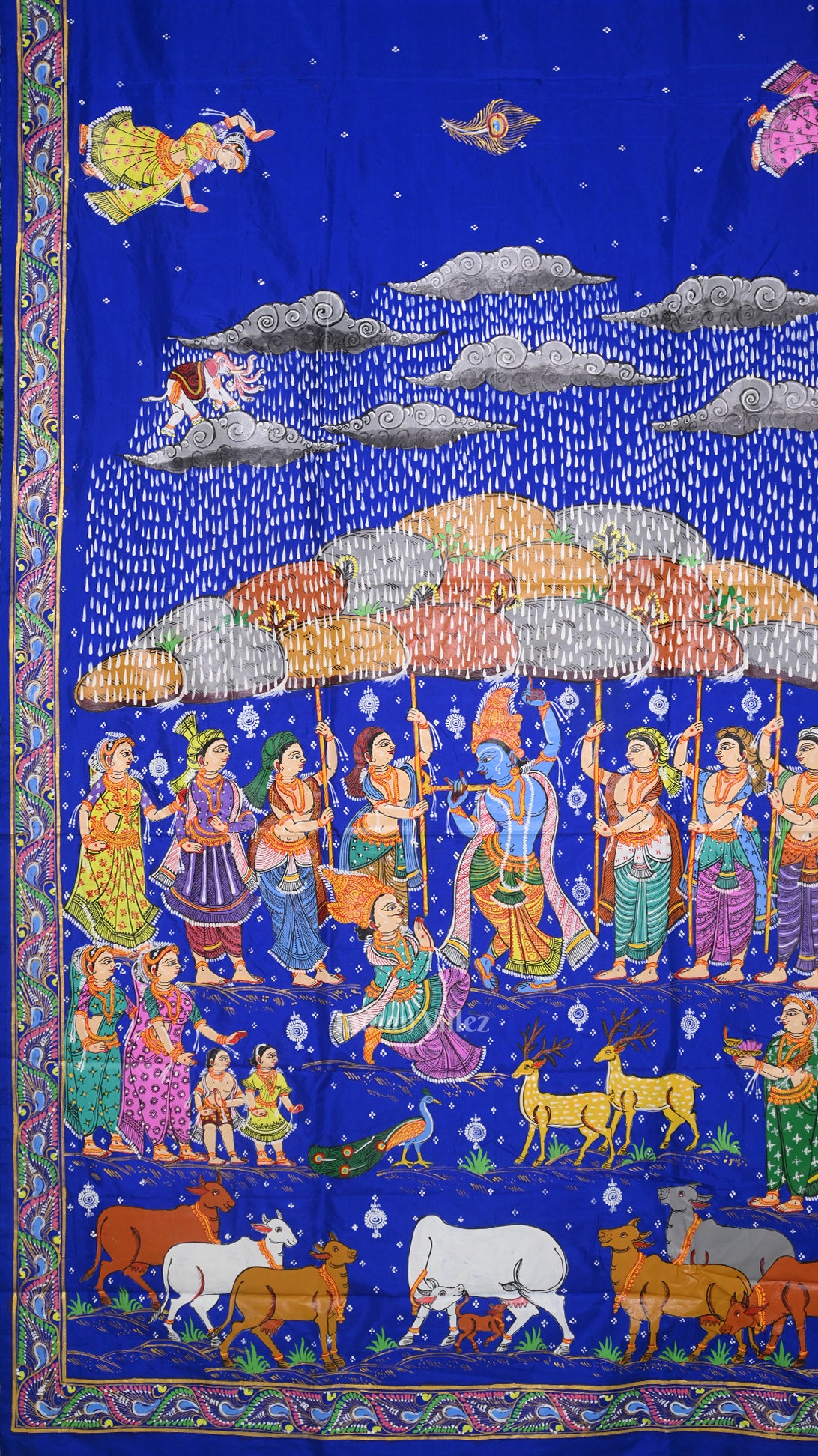 Blue Giri Govardhan Hand-Painted Pattachitra Saree