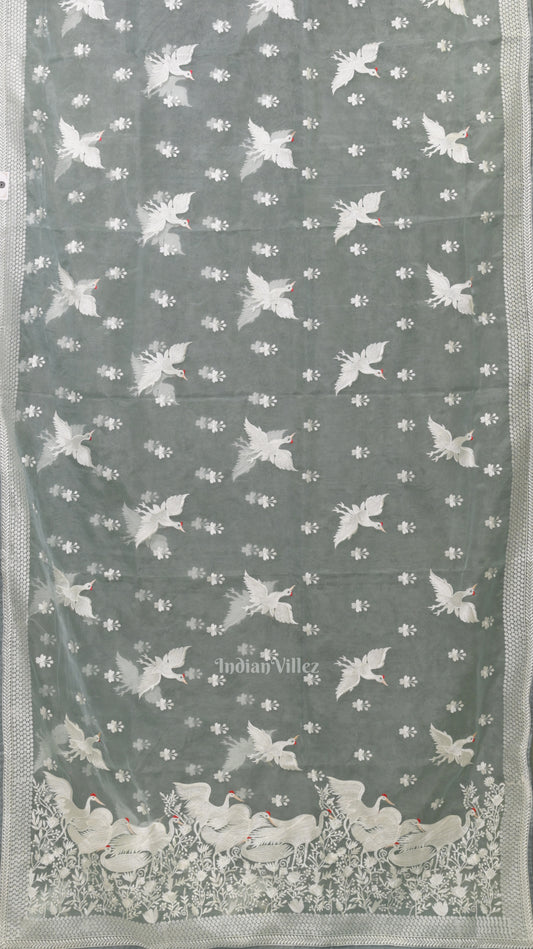 Light Blue Parsi Gara Floral Motif Hand Embroidered Saree 