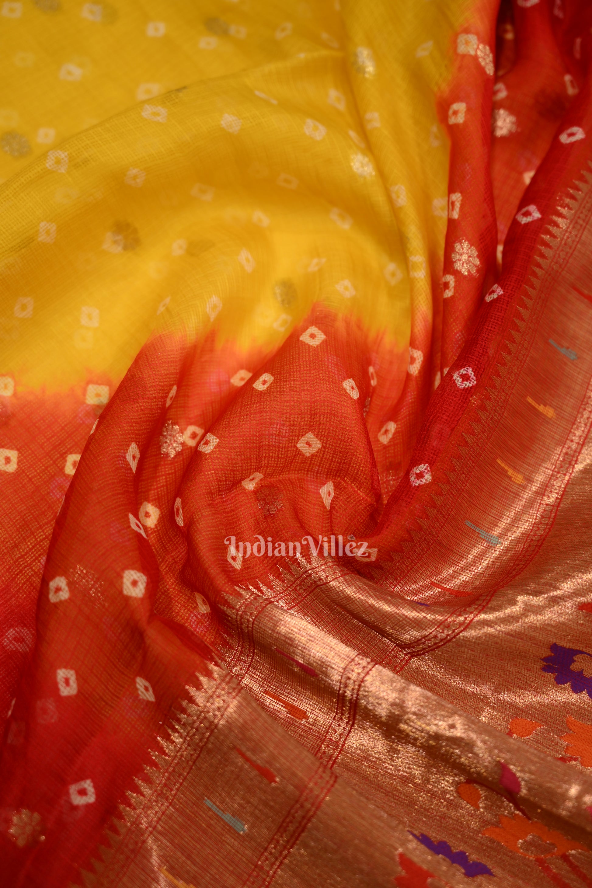 Yellow Red Bandhini  Banarasi  Kota Silk Saree with Paithani Border