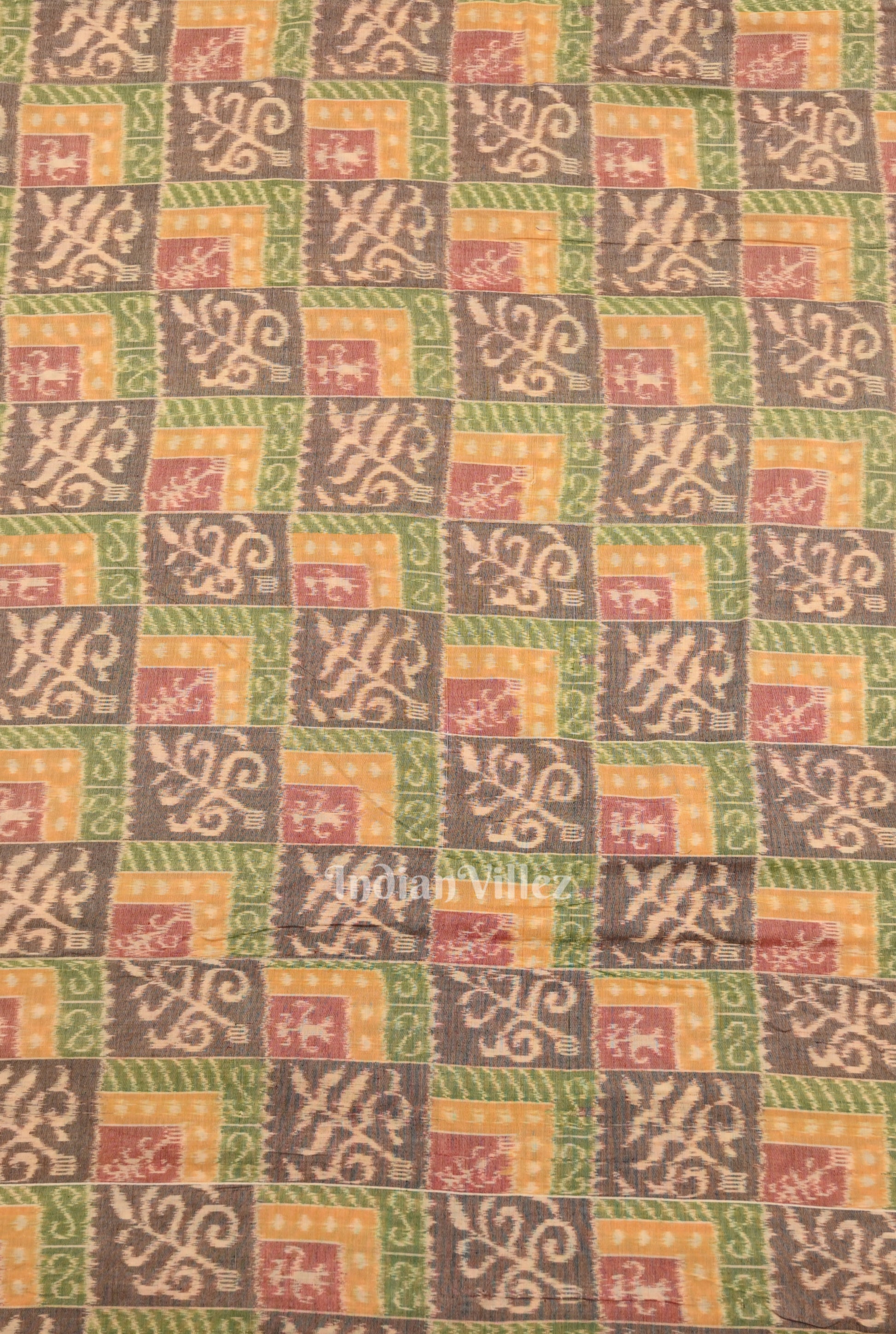Cement Gray Coffee Tribal Theme Sambalpuri Ikat Cotton Fabric 