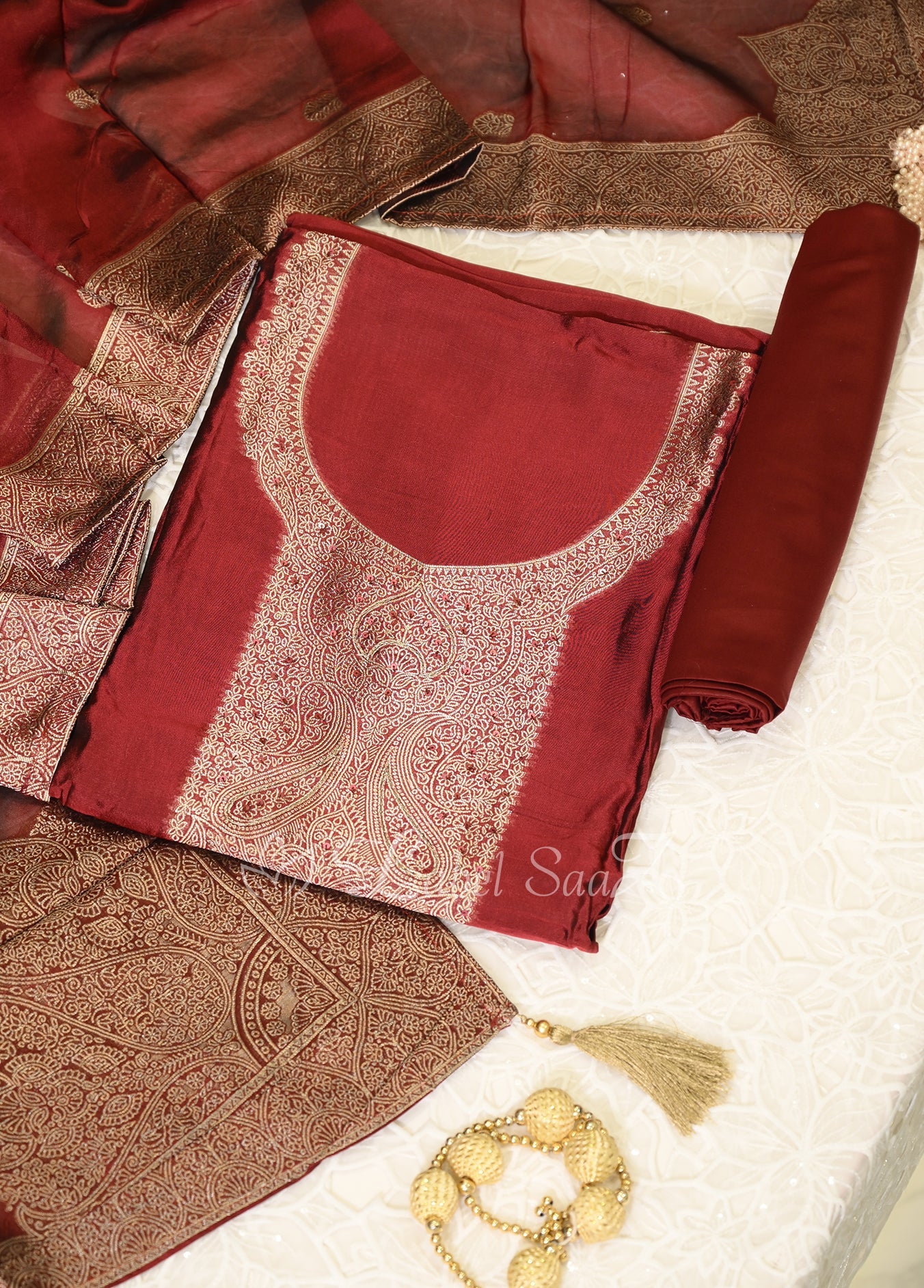 Maroon Buti Design Unstitched Salwar Suit 