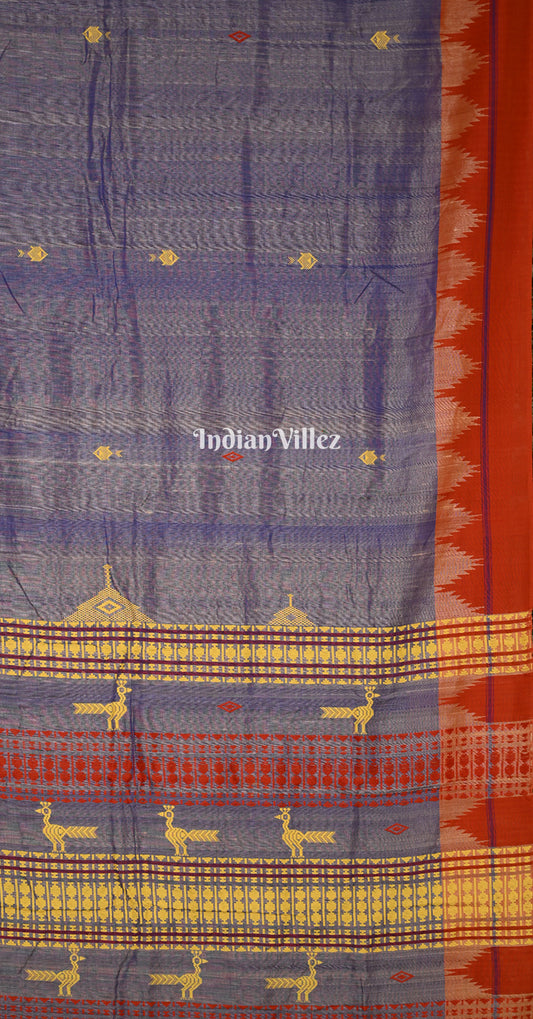 Sea Blue Red Odisha Handloom Natural Dye Kotpad Tussar Saree